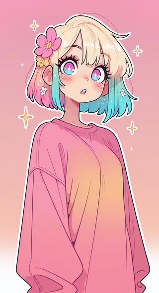 Anime-style character with short multicolored hair featuring pink, aqua, and blonde shades, starry multicolored eyes, a pink flower hair ornament, wearing a loose pink shirt, set against a soft pink gradient background with sparkles.