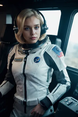 Photorealistic image of a blonde girl wearing a high tech space suit inside a detailed sci-fi spaceship cockpit with a focused, dramatic expression.