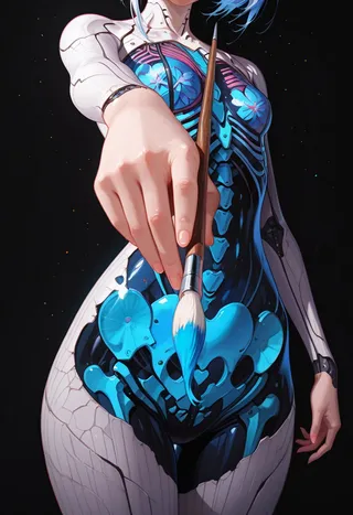 A robotic girl holding a paintbrush towards the viewer, featuring a blue anatomical skeleton visible through her translucent body, with intricate details and a surreal dark background.
