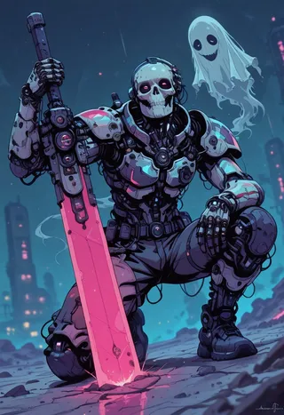 A cyberpunk skeleton warrior clad in holographic armor kneels, gripping a giant glowing pink spectral sword, accompanied by a whimsical ghost floating nearby.
