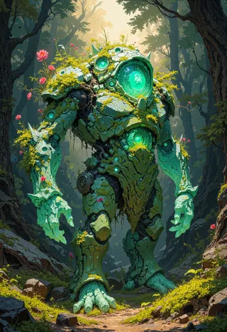 A towering gemstone golem covered in moss and blooming flowers awakens in a forest, glowing emerald eyes and intricate crystalline and organic textures visible.