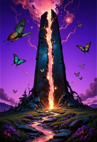 A colossal split black monolith with a glowing crack emitting golden light, surrounded by vibrant butterflies flying against a violet sky, over a glowing bioluminescent field with flowers.