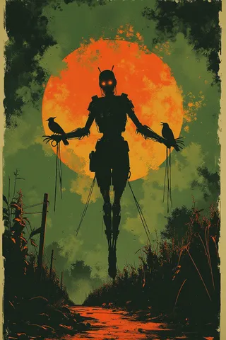 Œuvre en sérigraphie bichromie verte et orange montrant la silhouette d'un épouvantail mécanique steampunk avec des yeux lumineux, des corbeaux perchés sur ses bras, dans un champ de maïs brumeux avec une pleine lune orange vif en arrière-plan.