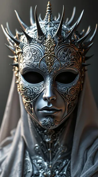A regal figure wearing an ornate silver mask with intricate symmetrical engravings, golden emblem on forehead, and obsidian black spikes forming a crown, eyes are deep black voids.