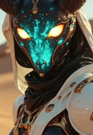 Closeup portrait of a horned cyberpunk shinobi nun scout wearing a glowing holographic crystalline mask and white cybernetic armor under a desert sunset.