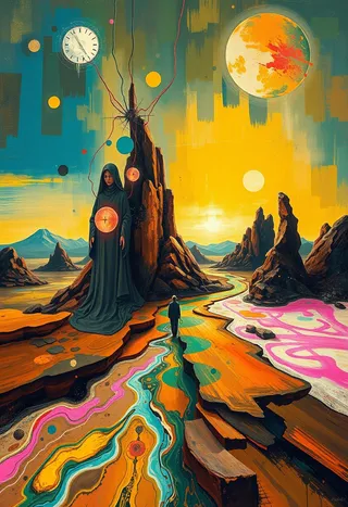 A surreal landscape featuring geological formations with a cloaked figure holding a glowing orb, a winding colorful river, clocks, and celestial holograms under a vivid sky.
