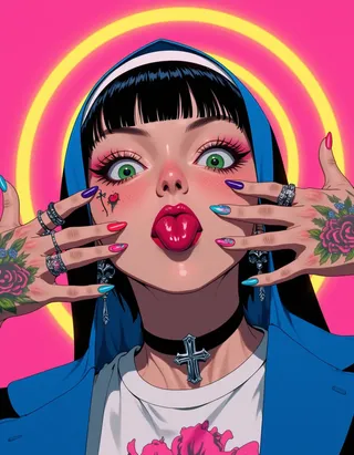 Anime-style portrait of a bold punk nun with green eyes, black hair, floral tattoos, colorful nails, wearing a blue habit and cross necklace against a vivid pink and yellow halo background.