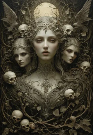 A hauntingly beautiful symbolic art piece featuring three melancholic female faces surrounded by skulls, twisted branches, and dark gothic elements with rich textures and muted colors.