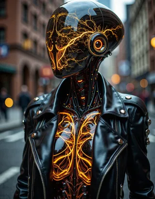 A futuristic cybernetic humanoid with a shiny obsidian glass dome head displaying glowing golden neural circuits, wearing a detailed black leather jacket with metallic buttons, showing a glowing golden biomechanical chest structure.