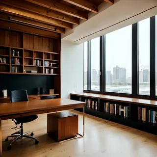Luxury cozy office featuring wooden walls, a large wooden desk, black leather office chair, built-in library shelves filled with books, and large windows showing a cityscape.