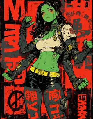 Cyberpunk style anime girl with green skin and four mechanical arms posing confidently against a vibrant red graffiti-covered background.