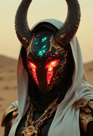 Closeup portrait of a cyberpunk shinobi with glowing red eyes and a horned holographic mask wearing white cybernetic armor in a desert setting.