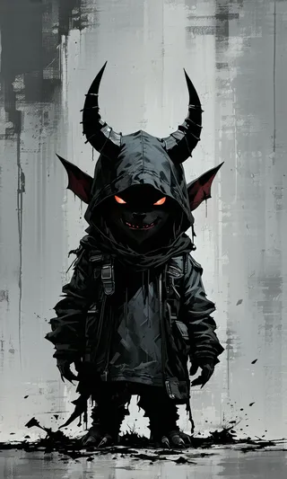 A small demon with glowing orange eyes and large curved horns, dressed in a dark hooded outfit with tactical gear, standing in a bleak post-apocalyptic environment.