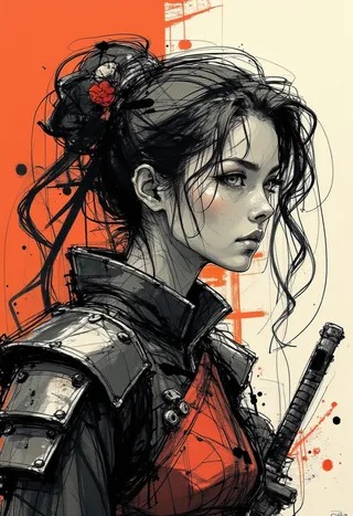 Colored sketch of a Japanese female warrior with long hair, wearing black and red plated armour, holding a katana, and adorned with a red hair ornament, against an orange and cream background.
