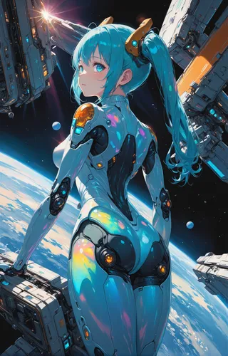 Racing Miku wearing an iridescent robotic plugsuit floating in zero gravity near a space station, with long blue twintails and cinematic lighting.