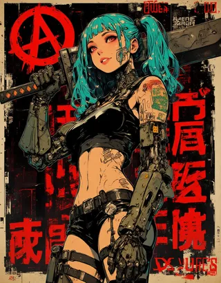 A cyberpunk anime girl with blue hair and mechanical arms holding a katana, surrounded by red graffiti and complex tattoos on her body.