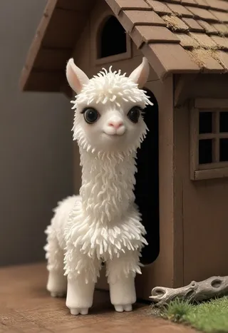 A fluffy miniature alpaca figurine standing next to a brown 3d printed small house, with large expressive eyes and textured fur.