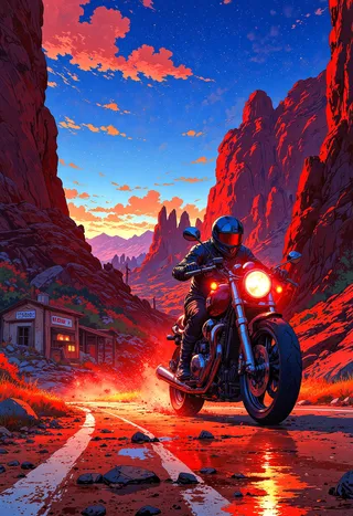 A motorcycle with a glowing red headlight speeds through a winding desert canyon at evening, surrounded by towering red rock formations and a rider in a futuristic suit.