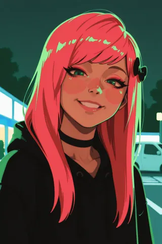 Close-up digital portrait of a girl with long pink hair, wearing a black hoodie and choker, smiling with a confident and slightly smug expression under night lighting in a parking lot.