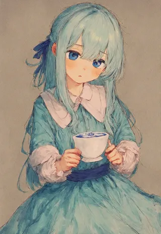 Anime-style girl with long blue hair and blue eyes, wearing a blue dress with white collar and cuffs, holding a white teacup with a sorrowful expression.