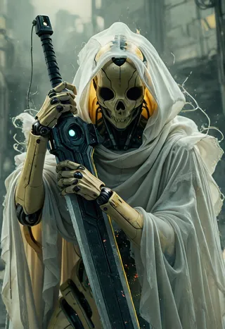 Closeup of a wooden mecha with skeletal design, hollow eyes, and exposed joints wearing a long white ethereal cape, holding a giant sword with dystopian sundawn background.