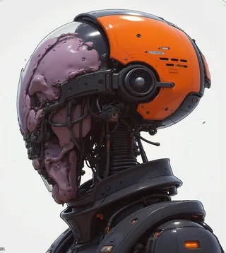 Close-up digital art of a cybernetic head wearing a futuristic orange and black helmet with exposed mechanical details and organic textures.