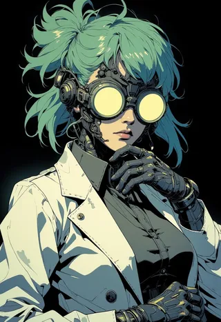 Stylized female character with teal-green hair and glowing yellow eyeglasses wearing a white lab coat and cybernetic gloves, in a digital painting style.