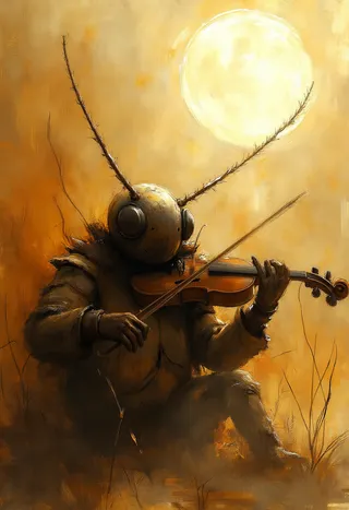 A surreal depiction of a cockroach-like musician playing the violin under a glowing moon, surrounded by a misty, monochromatic and minimalist background.