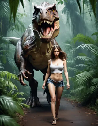 A young woman in a white crop top and shorts walking with fear as a roaring Tyrannosaurus Rex chases her in a dense jungle.