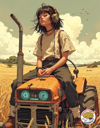 Anime girl with short black hair wearing headphones and sitting on a retro-futuristic orange tractor in golden wheat fields under a cloudy sky.