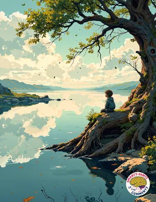 Child sitting on a massive ancient tree root beside a perfectly still river reflecting the sky, with floating leaves and frozen ripples in a serene landscape.