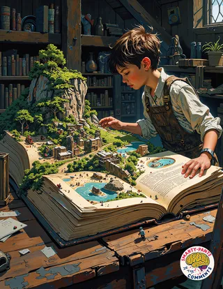 A young person in a dimly lit attic explores an ancient book that reveals detailed, three-dimensional dioramas of miniature worlds with tiny forests, buildings, and people.