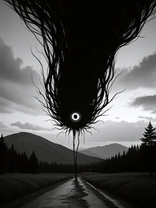 A surreal monochrome scene showing a dark, abstract shape with a single glowing eye hovering above a road through a nocturnal forest landscape with mountains in the background.
