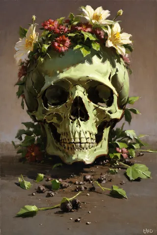 Oil painting of a detailed skull adorned with blooming flowers and leaves, featuring sharp shadows and intricate shading on a muted background.