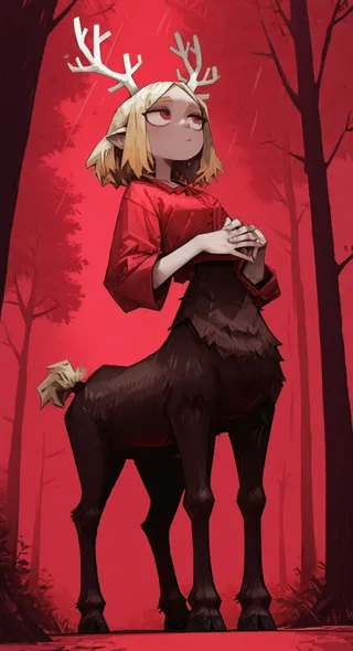 A centauroid monster girl with blonde hair and white antlers stands in a red forest background, wearing a red top and having dark fur-covered lower body and hooves.