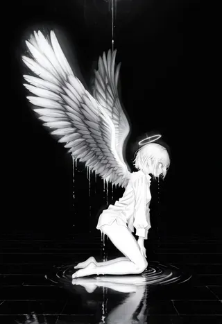 Monochrome greyscale image of a glowing angel with white feathered wings and a halo, kneeling barefoot on reflective water, dripping and illuminated against a black background.