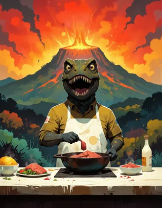 A happy T-Rex wearing an apron cooking meat in a pan in a kitchen with a vibrant erupting volcano in the background.