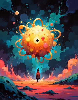A close-up view of a happy, colorful atom exploding with multiple orbits and spheres, against a detailed fantastical background, with a small figure observing below.