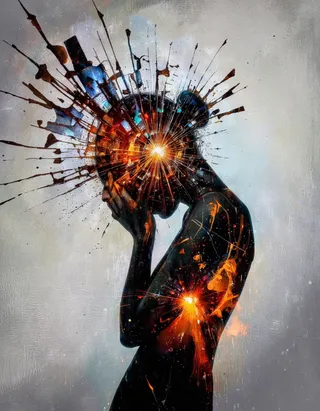 Silhouette of a woman holding her face with hands, body formed by abstract shattered mirror fragments with glowing orange and red highlights on a pale gray background