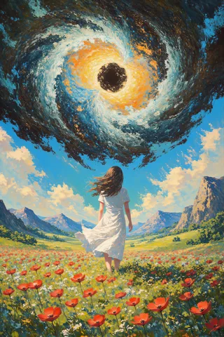 Surrealism oil painting of a woman in a flowing white dress standing in a vibrant field of red poppies and wildflowers, facing a swirling galaxy with a bright black hole above mountains.