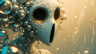 Macro photography of condensation forming an ethereal bubble face with hollow eyes and open mouth, surrounded by water droplets and warm diffused light.