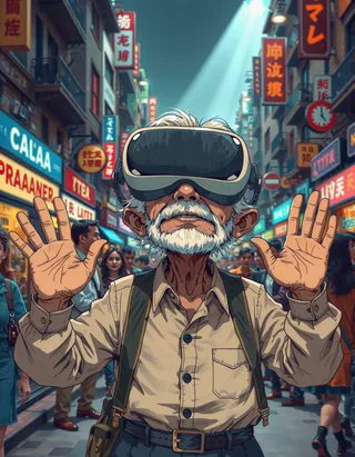 An elderly man with white hair and beard wearing a VR headset stands in the middle of a busy urban street, raising his hands with a confused expression under dramatic lighting.