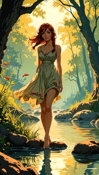 Anime-style illustration of a young woman walking barefoot along a calm river, wearing a floral summer dress with braided auburn hair in a forest illuminated by golden sunlight.