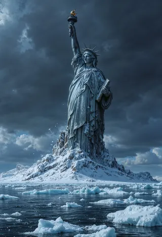 The Statue of Liberty partially submerged and covered in ice surrounded by a frozen landscape under dark swirling clouds.