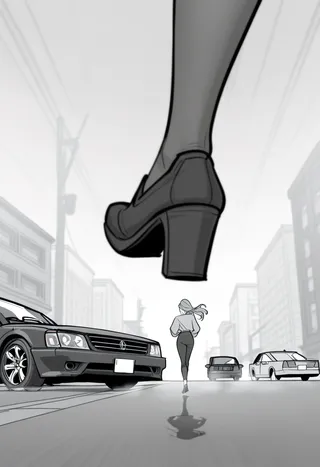 Black and white storyboard sketch of a high heel shoe close-up with a woman running on a city road among cars.