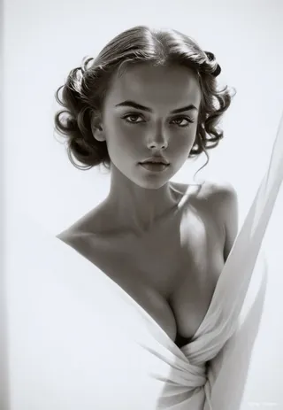 Close up black and white portrait of a young woman with curly hair and detailed skin, exhibiting a stoic expression and elegant bare shoulders wrapped in cloth under dramatic lighting.