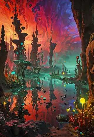 Surreal alien landscape featuring strange flora and unusual rock formations under vibrant, otherworldly lighting with distorted reflections and an eerie atmosphere.