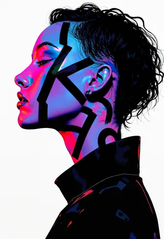 Profile of a digital painting of a modern woman with her silhouette and features abstractly constructed from large black typographic characters, highlighted with vibrant blue and pink lighting.