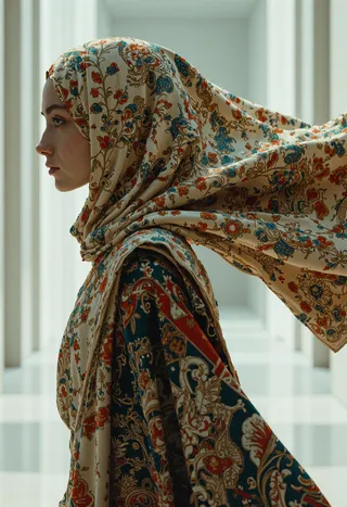 A serene woman wearing a large intricately patterned bandana with ancient tapestry designs, set against a hyper-modern white minimalist infinity space.
