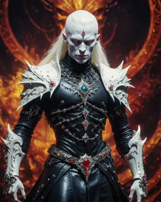 Full body portrait of Elric of Melnibone, a male albino warrior wearing black leather armor adorned with colorful jewels and intricate chains, featuring white spiked pauldrons and a dark, colorful unfocused background in Philippe Druillet style.